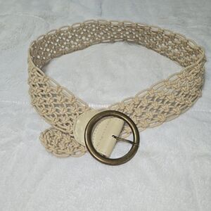 VINTAGE BEIGE MACRAME BELT ROUND BRASS BUCKLE WOMENS BOHO